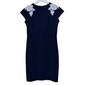 Ann Taylor Sheath Dress Size 6 Navy White Floral Applique Cap Sleeves Elegant